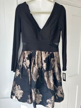 Xscape Black Long-Sleeve V-Neck Dress with Gold Floral Skirt